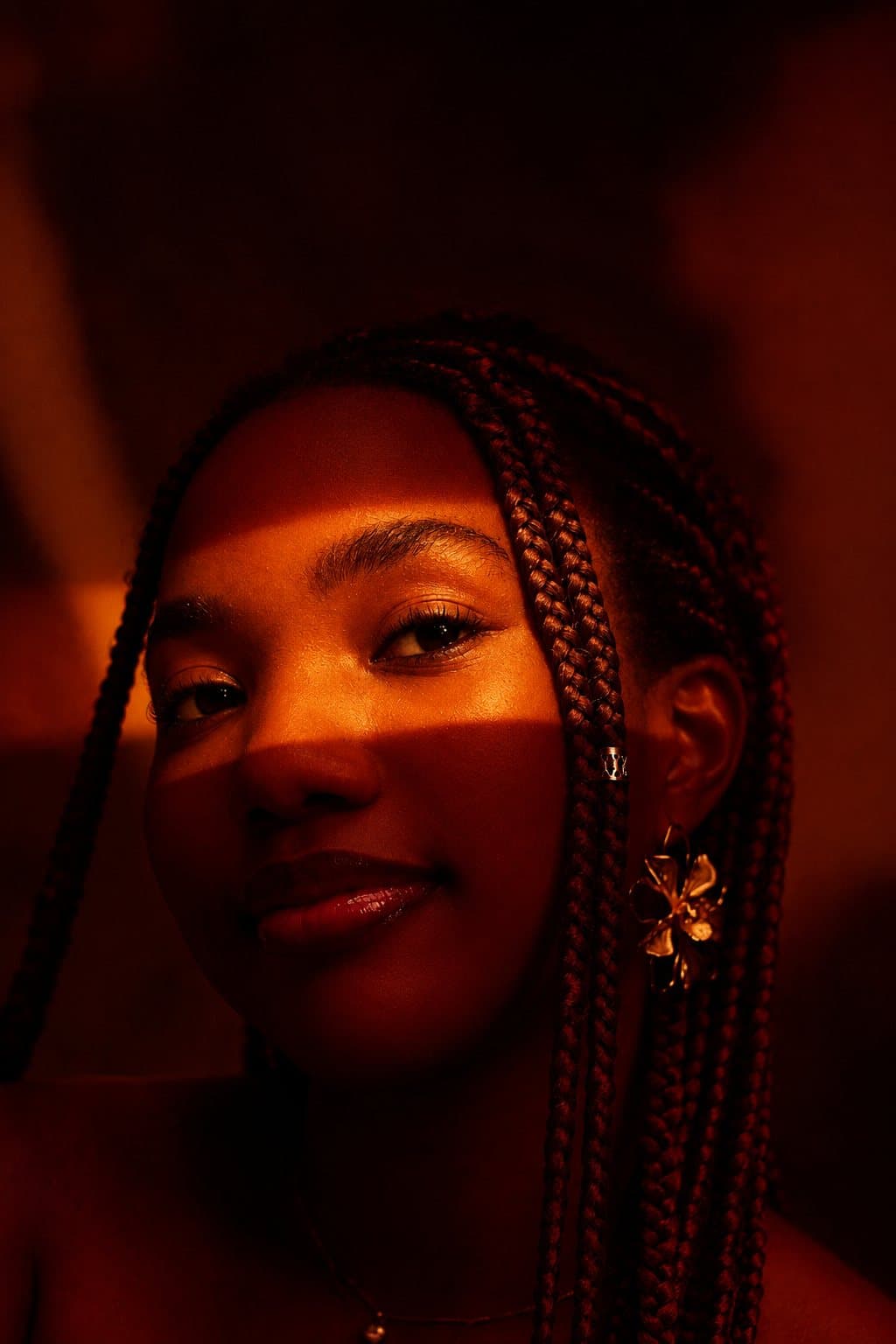 Portrait of a young woman with long braids, a hard band of warm light falling across her eyes and a gold flower earring